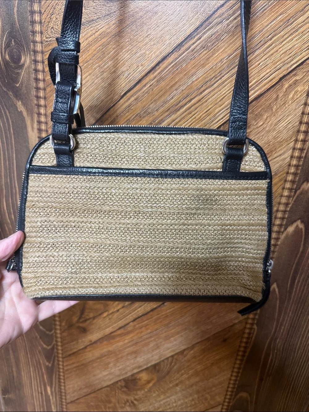 Brighton Straw Crossbody with Black Trim and Heart Charm